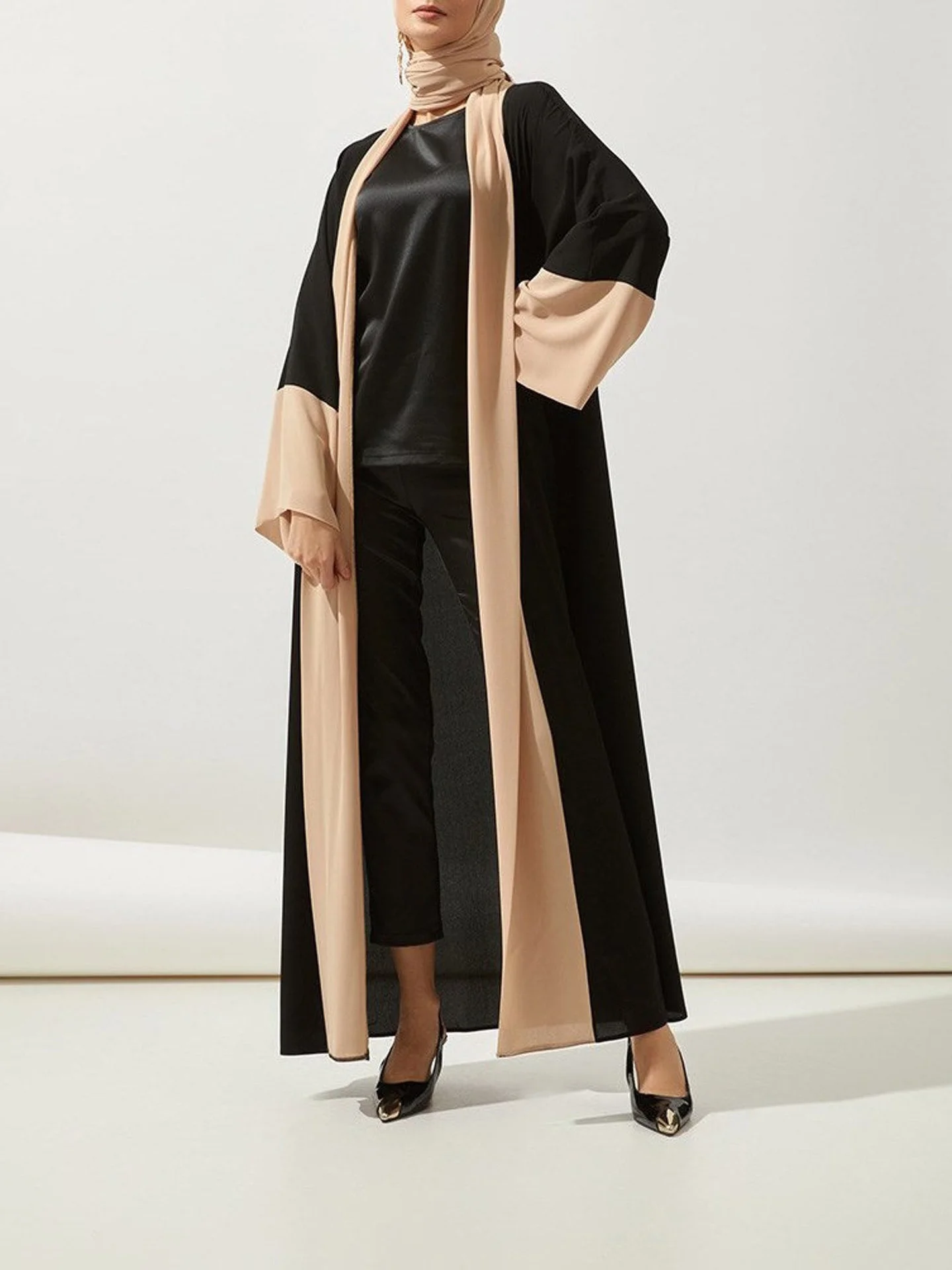 Fashion Opened Muslim Dresses Abaya For Women With Hajib Elegant Patchwork Cardigan Flare Sleeve Dubai Türkiye Islamic Clothing