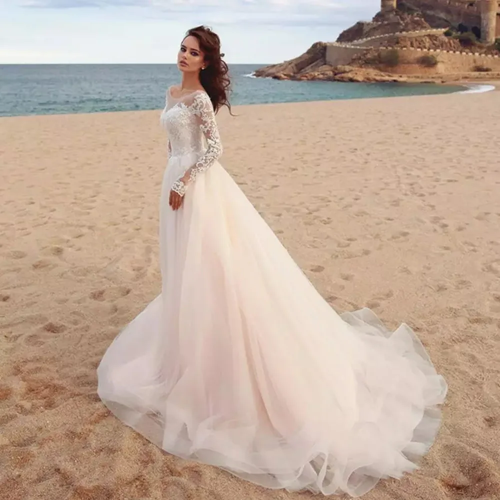 

A-Line Long Sleeves Tulle Wedding Dresses Boho Applique Vestido De Novia Princess Long Bride Gowns robe de mariée