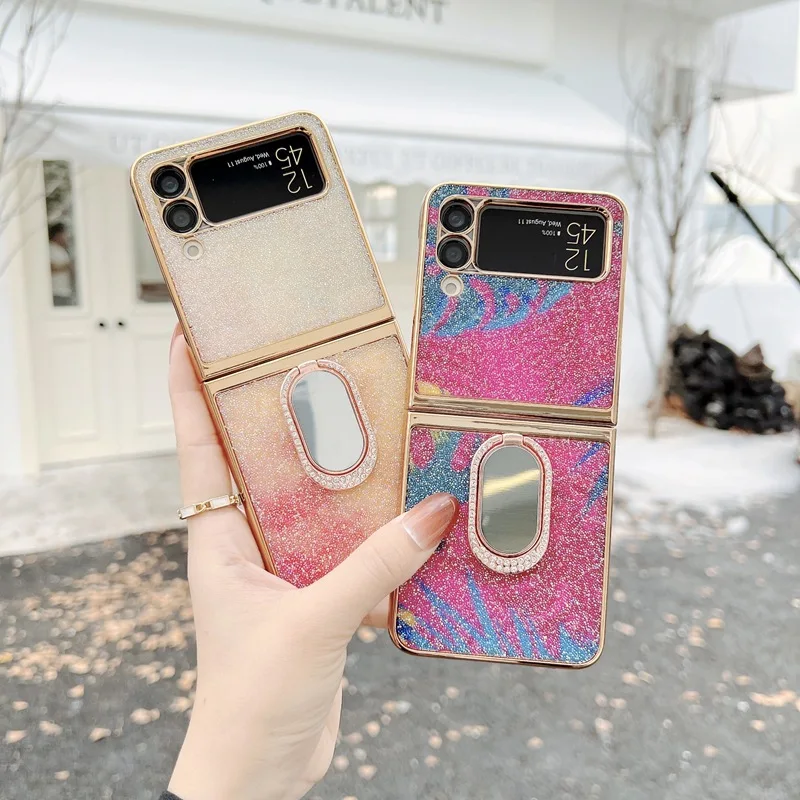 

Case for Samsung Galaxy ZFlip 3 Glitter Shell Electroplating Glitter Bracket Fine Hole Folding Mobile Phone Protective Cover