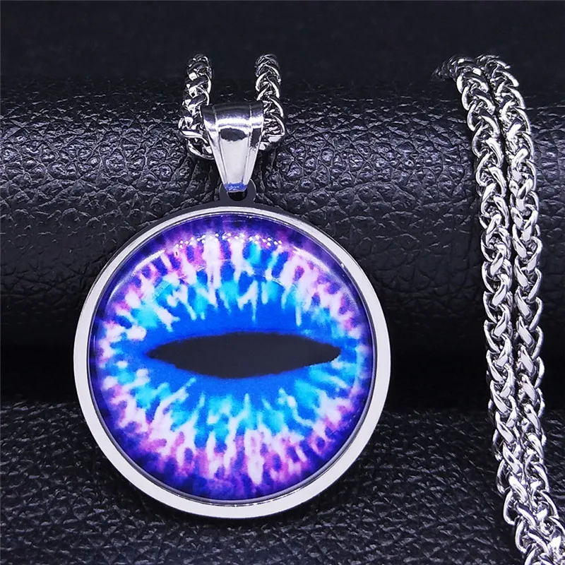

Satan's Eye Purple Glass Stainless Steel Long Chain Necklaces Men Silver Color Pendant Necklace Jewelry collier homme NXS07