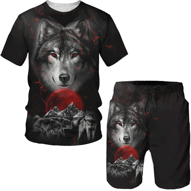 Summer 3D Wolf Printed Men's T-Shirt/Suit Hip Hop O-Neck Short Sleeve Tees&Shorts Two Piece Set Cool Animal Sportswear Tracksuit