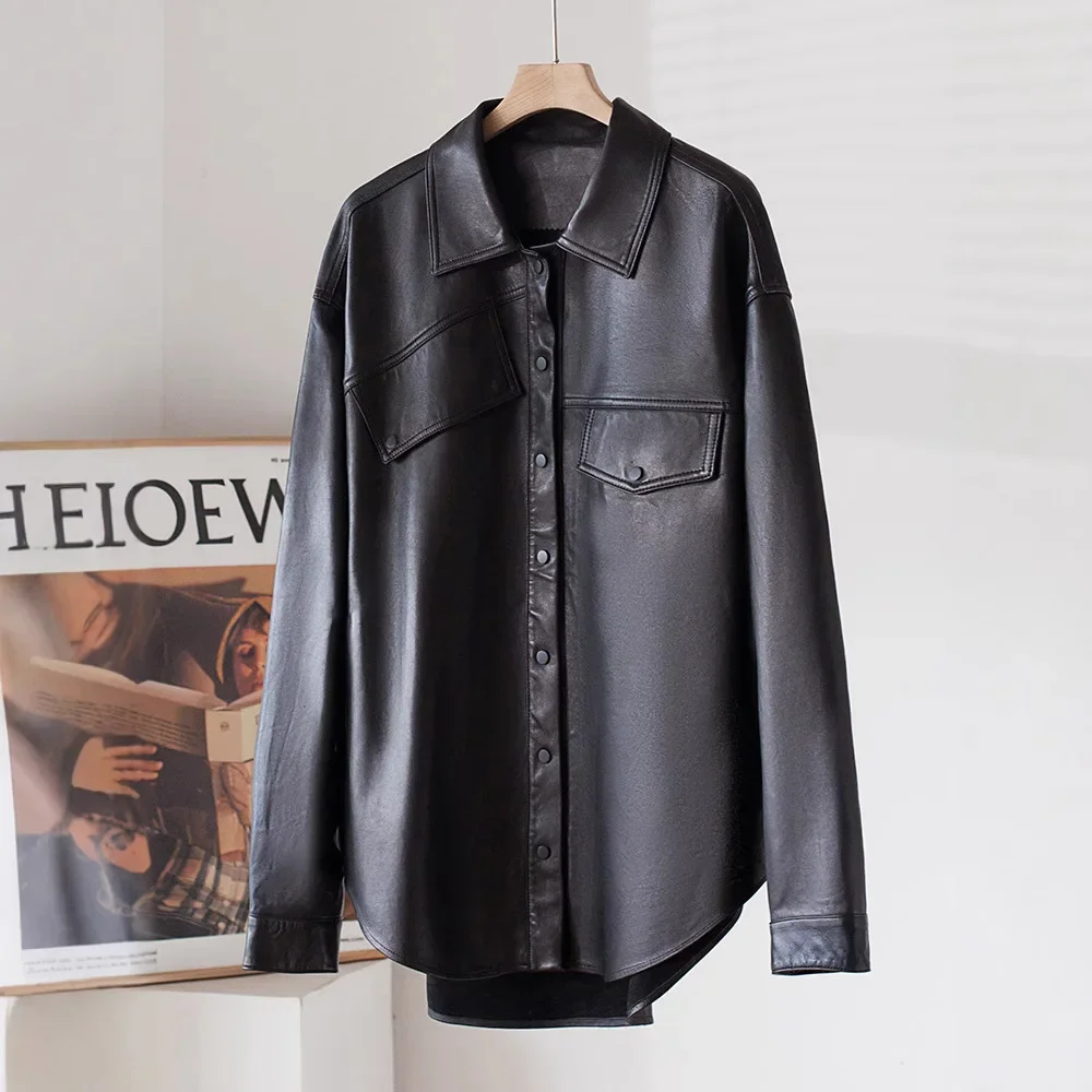 Импортная женская повседневная куртка из натуральной кожи средней длины с