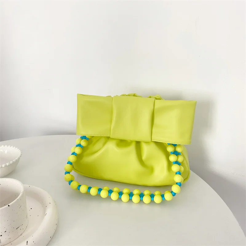 

Pleated Pearl Handle Ladies Hand Bags New Macaron Bow Fashion High-end Designer Bags Texture Messenger Shoulder Purse