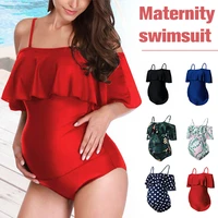 women off shoulder maternity swimwear flounce floral printed 1 piece suspender swimsuit pregnancy bathing suit beachwear bikini