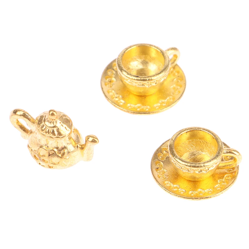 

1Set Dollhouse Miniature Tea Set Metal Gold Teapot Teacup Trays 1/12 Doll House Kitchen Play House Toy Decoration