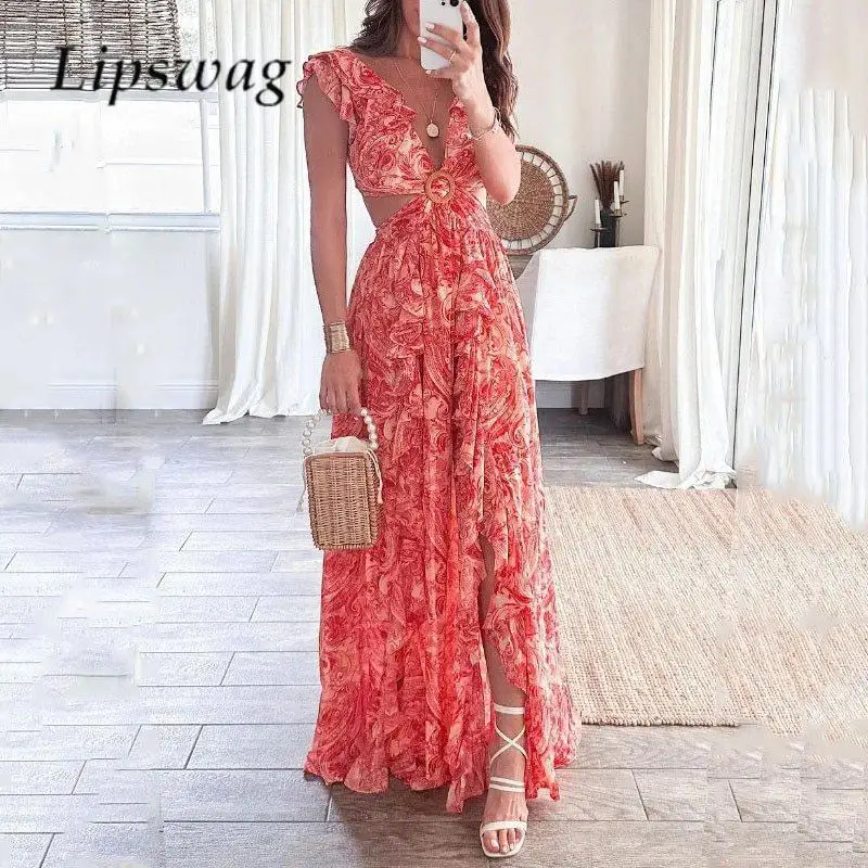 

New Sexy Deep V Print Hollow Out Long Dress Summer Beach Party Women's Dress Casual Ladies Ruffles Folds Asymmetries Split Dress