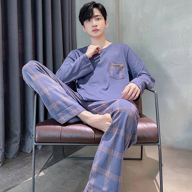 Осенняя мужская пижама из чистого хлопка женские пижамные комплекты больших