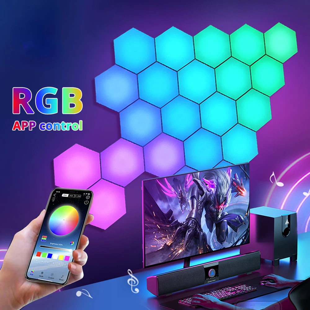 

RGB Bluetooth LED Hexagon Light Indoor Wall Light APP Remote Control Night Light Computer Game Room Bedroom Bedside Decoration