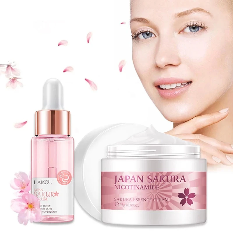 

2PCS/Set Snail Serum Collagen Face Moisturizing Whitening Shrink Pores Anti-Aging Cream Cherry Blossom Essence Smooth Skin Care