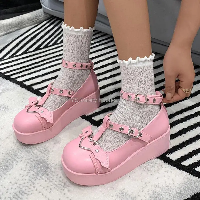 Туфли женские на танкетке милые туфли мэри джейн с пряжкой в форме сердца Лолита