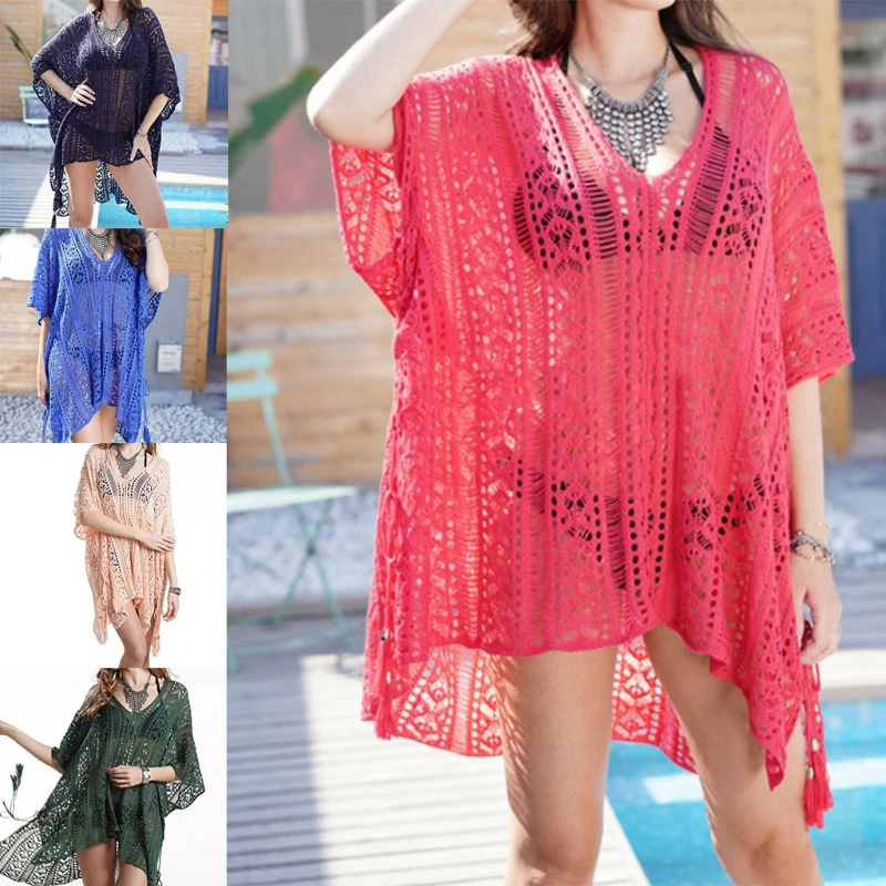 

Women Crochet Split Beach Dress Half Sleeve Sexy V-Neck Bathing Suit Cover Up