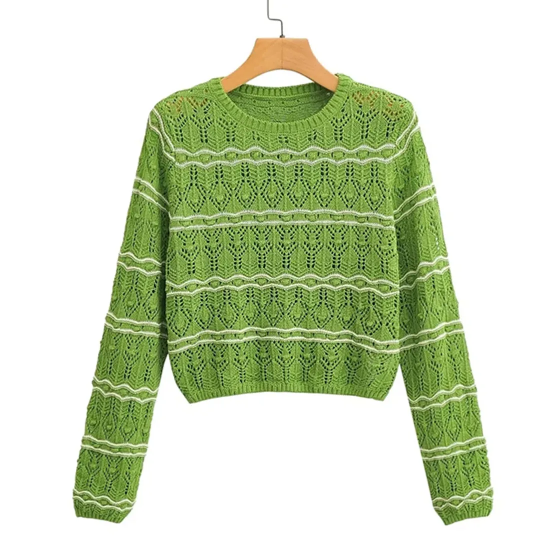 

Jenny&Dave 2023 Fashion Retro Green Color Jacquard Weave Striped Knitwear Short Sweaters Pullovers Women Tops