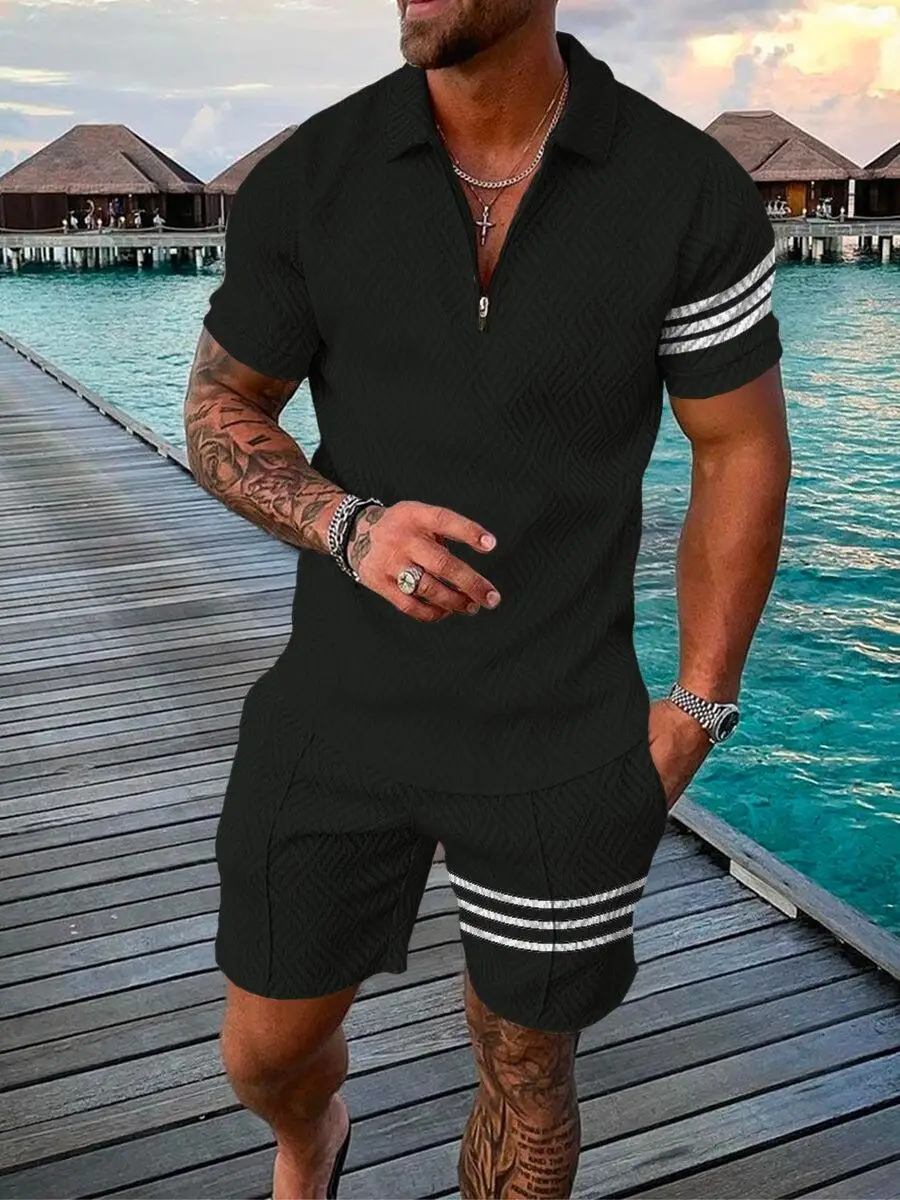 Men Summer Polo T-shirt Sets Male Simple Stripes Pattern Polo Suit 3D-Printed Golf Polo Shirt Short Pants Fitness 2 Pieces Polo