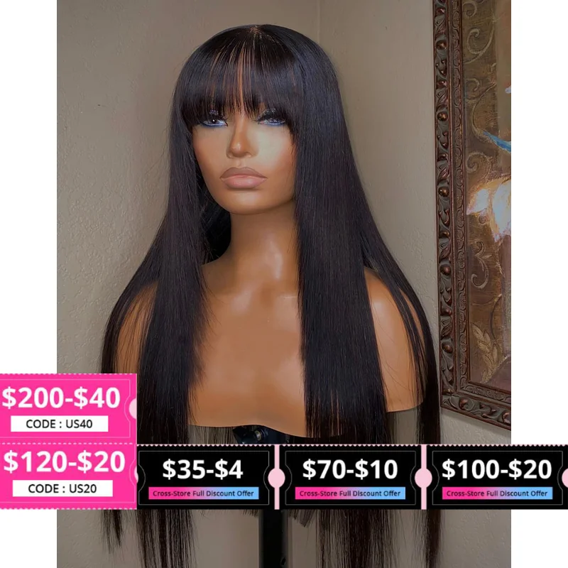 Straight Wig With Bangs Fringe Bob Human Hair Wig With Bangs For Women Brazilian Remy Hair Glueless Full Machine Made With Bangs