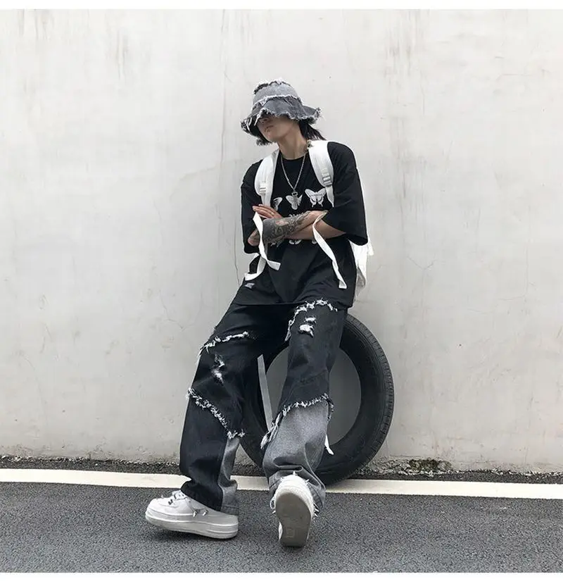 New Jeans Men's Brand Clothing Fashion High Street Tassel Stitching Harajuku Style Raw Edge Pants Hip Hop Streetwear Ropa Hombre