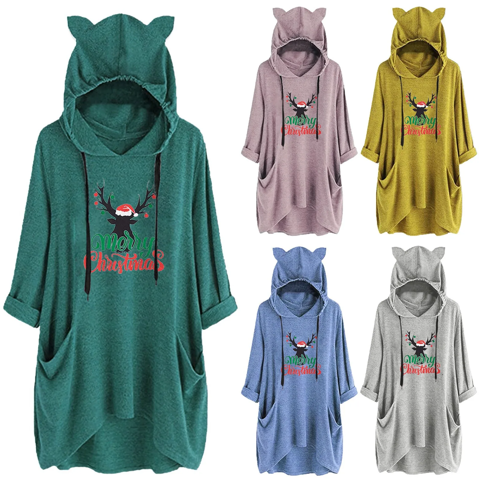 

Свободная шапка с капюшоном и ушками, Женский Рождественский свитер, блузка, Женский пуловер, свитшот с капюшоном, Женский свитшот с воротни...