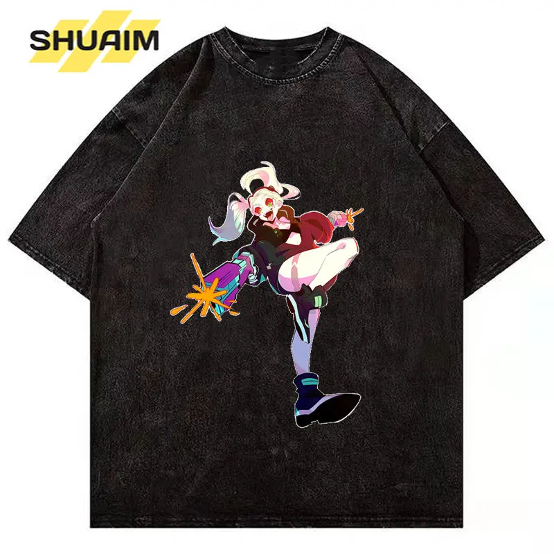 

SHUAIM Hip Hop Cotton T-Shirt Cyberpunk Edgerunners Print Men Anime Harajuku Washed Streetwear Summer Short Sleeve Tops T Shirt