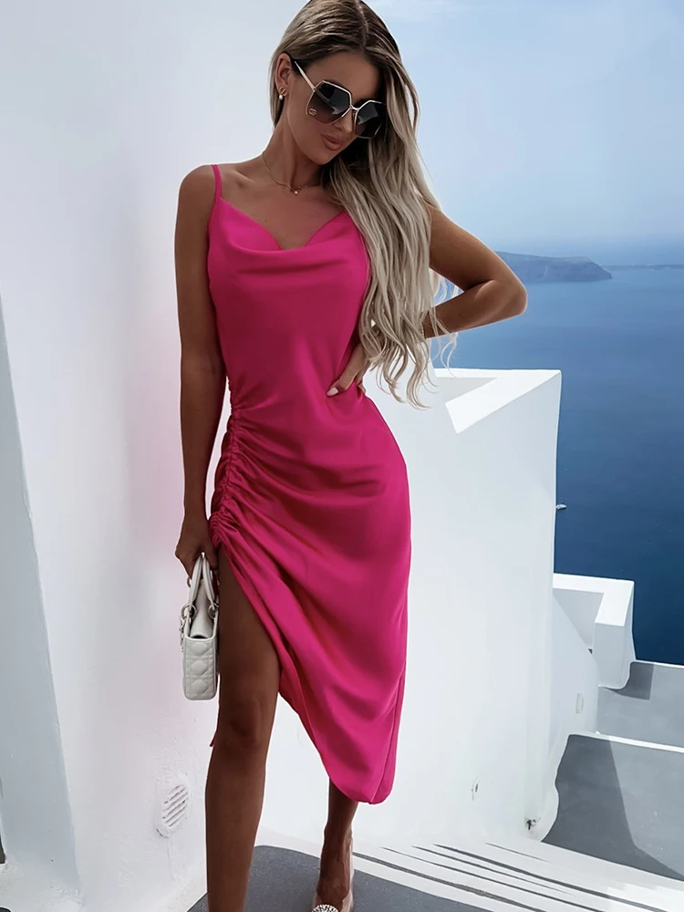 

Women Fashion Sexy Spaghetti Strap Slim Midi Dress 2022 Summer Backless Drawsring Party Dresses Ladies Elegant Bodycon Dress