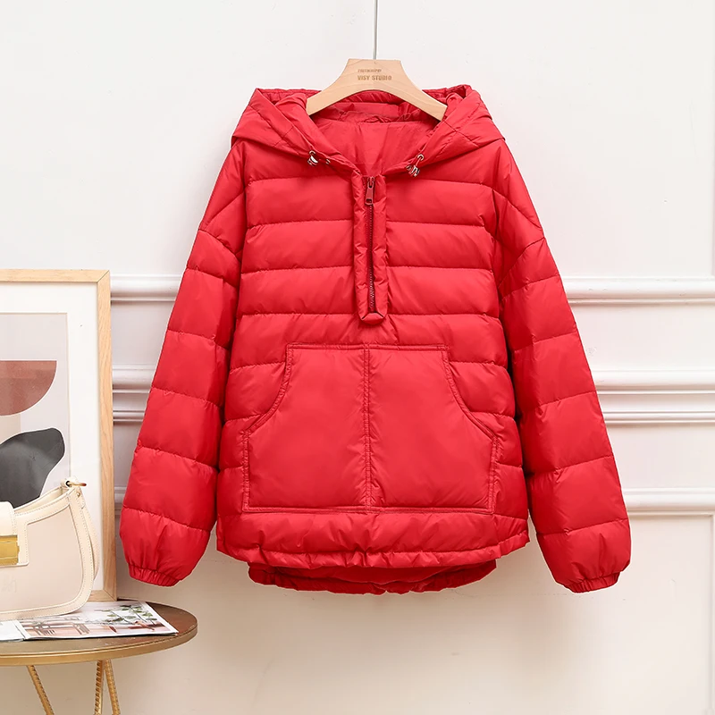 2022 autumn winter new Korean version loose sweater fashion half zipper pullover light white duck down short down jacket women
