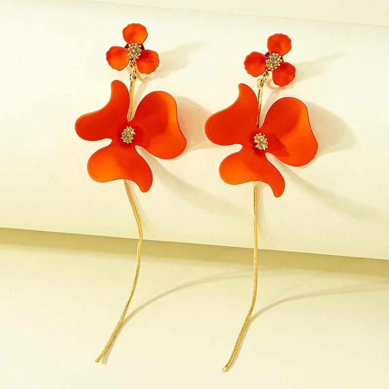 

Korean Retro Flowers Tassel Earrings Temperament Boho Statement Orange Hanging Long Ear Pendant Lady Sweet Ear Nail Jewelry Gift