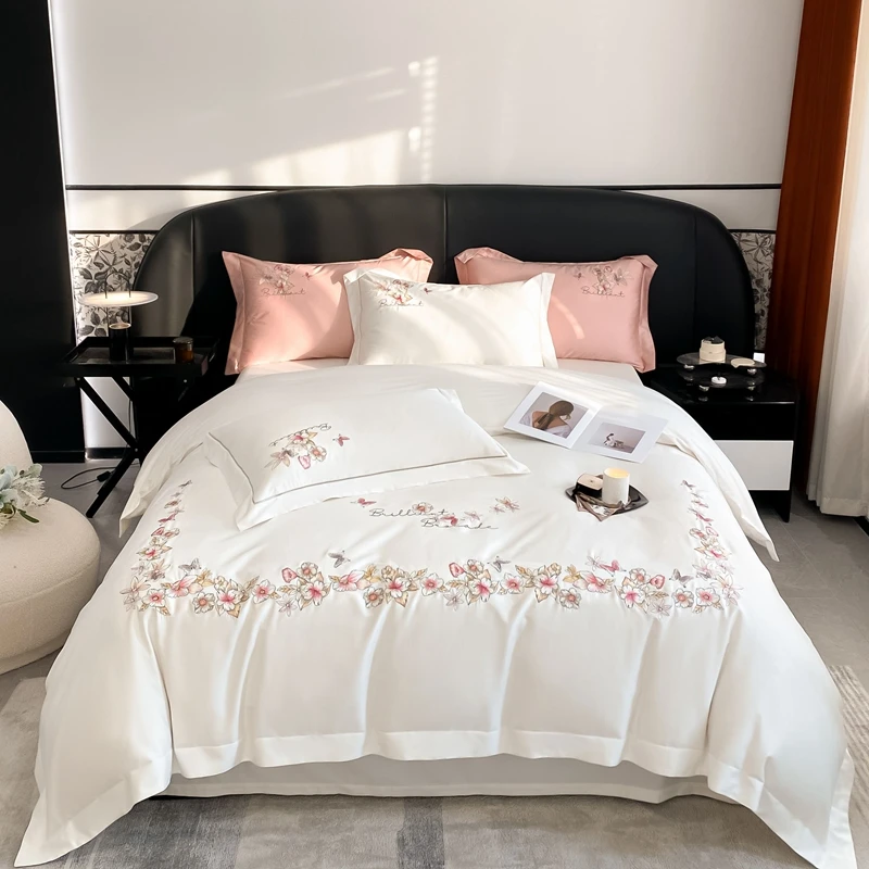 

Высококачественный роскошный комплект постельного белья из египетского хлопка 1000TC, пододеяльник с цветочной вышивкой бабочки, простыня, наволочки