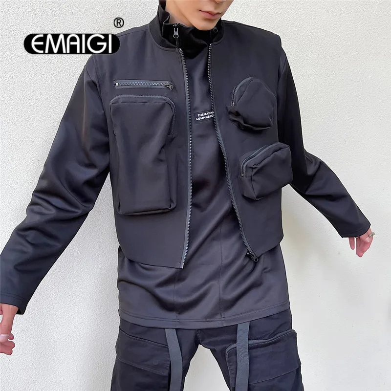 

Мужской темно-черный функциональный жилет с 3D карманами, мужской жилет, уличная одежда в корейском и японском стиле Харадзюку, модное повседневное пальто без рукавов, жилет