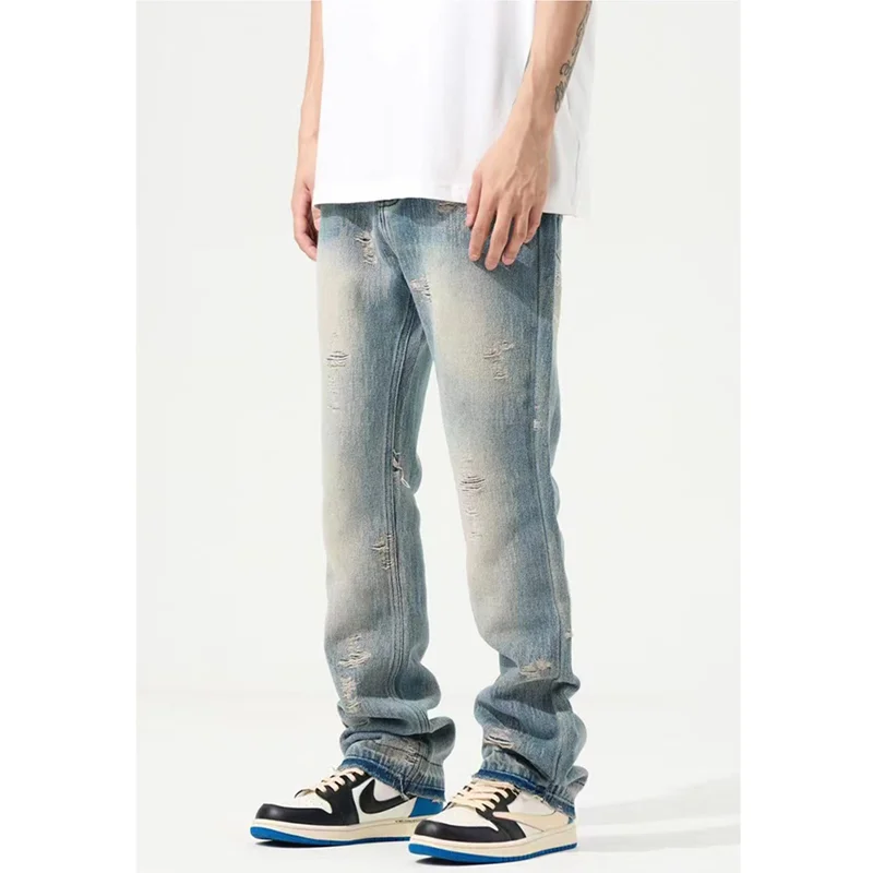 Streetwear Men 2022 Fashion New Pattern Vintage Recreational Blue Jeans Loose Straight Cylinder Ripped Trousers Autumn Female
