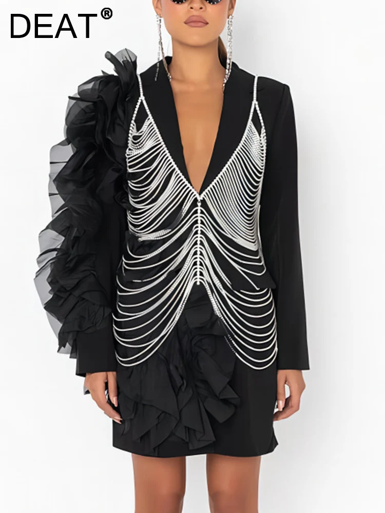 

[DEAT] New Female Fashion Patchwork Diamond Design Dress Party Sexy Hollow Out Sleeveless Dresses For Women 2023 Spring 13DB555