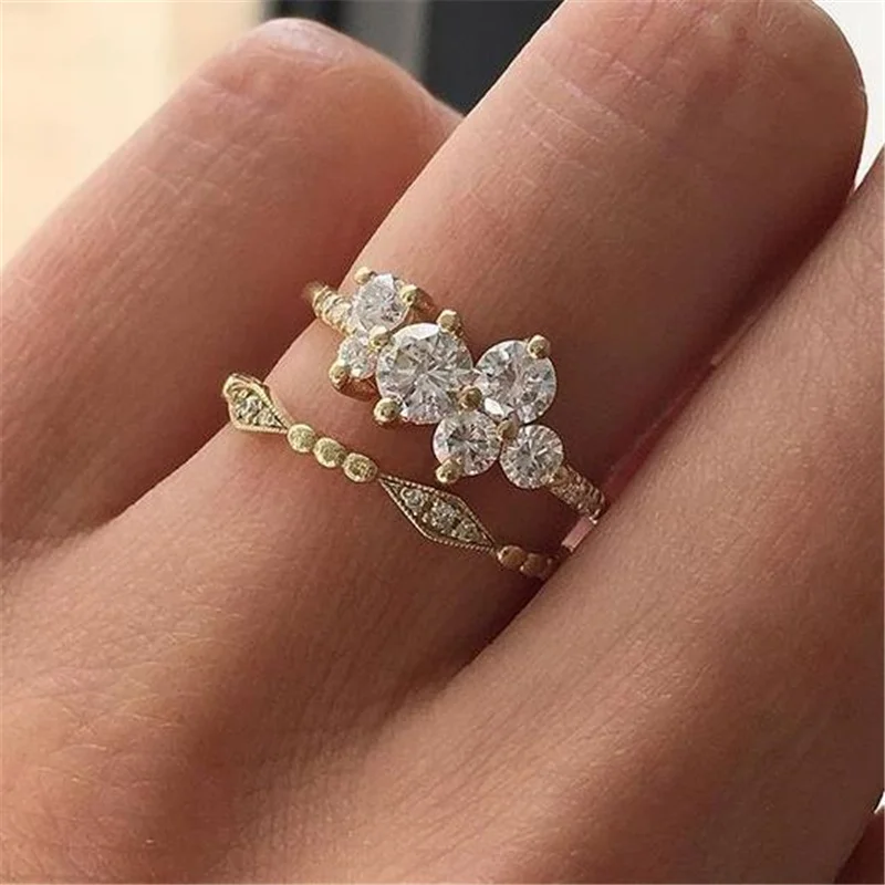 

2 PCS/Set Trendy White Flower Cubic Zircon Wedding Ring Set For Women Party Engagement Jewelry Copper Hand Accessories Size 6-10