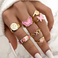 7pcsset punk rings opening adjustable pink colorful heart joint ring set vintage gold plated alloy metal rings for women