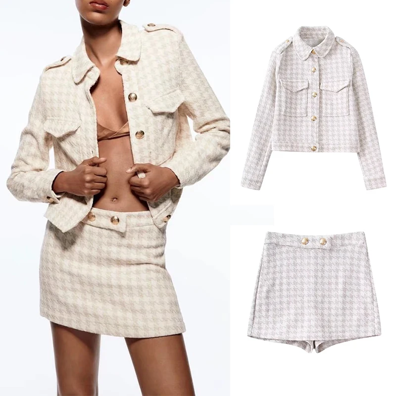

Autumn 2022 Women Plaid Print Long Sleeve Jacket Coat And High Waist Shorts Skirts Female Fashion Casual Sets BB22738