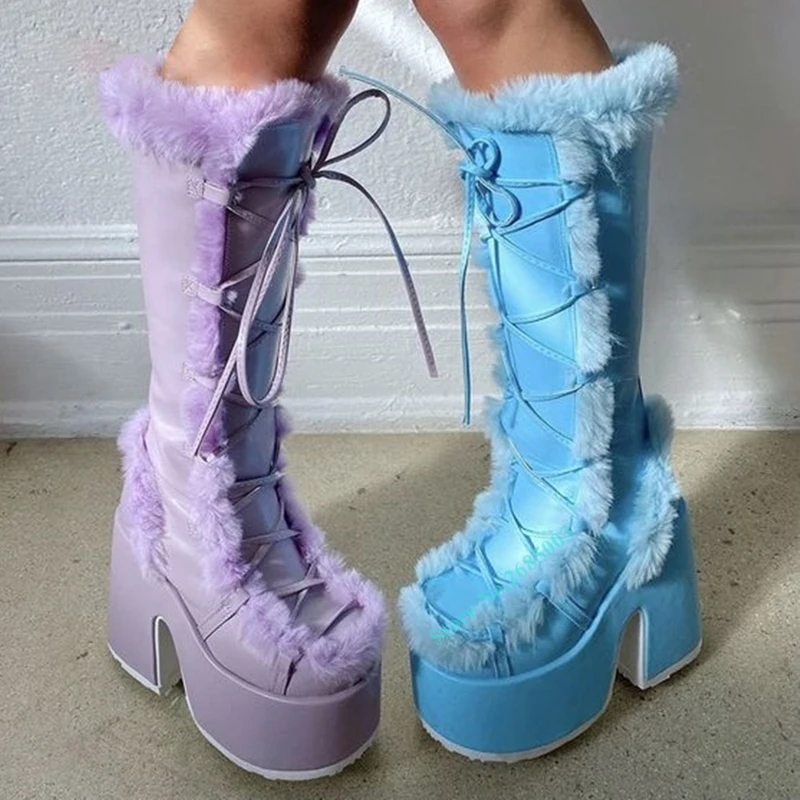 Purple Blue Pink Leather High Platform Block Heel Fur Lace-up Knee Boots Round Toe Women Winter Fur Crosstie Festival Boots