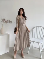 2022 v neck single breasted belt waist dress women thicken sweater dress fall winter knitted pleated female a line soft dresses