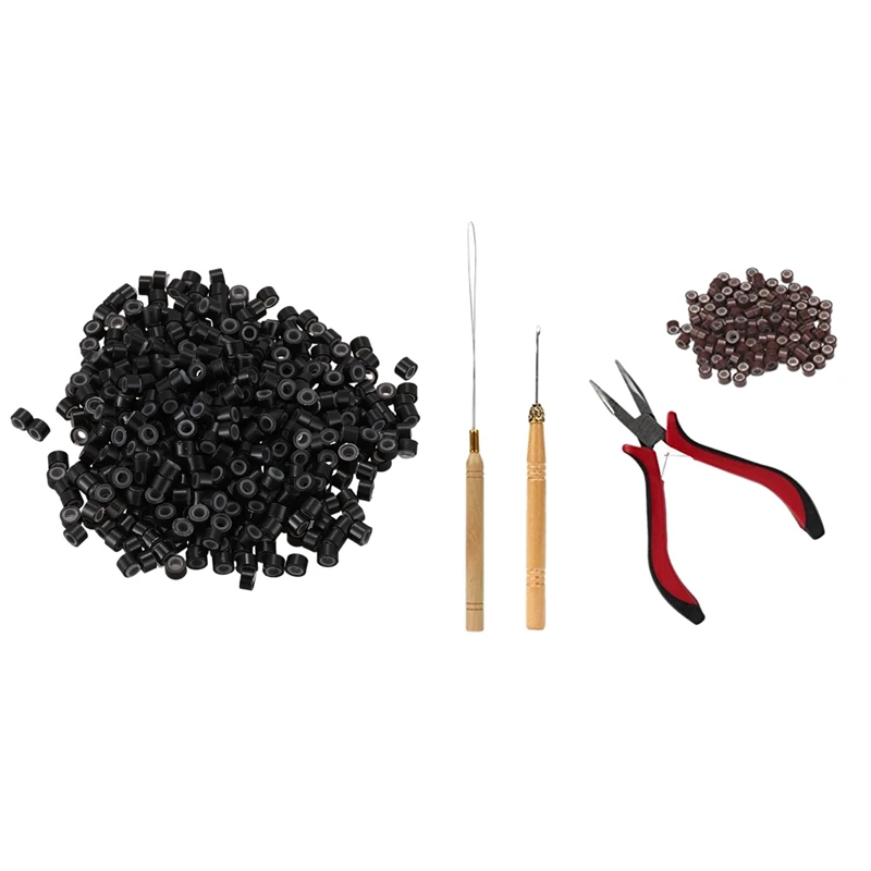 500 Pcs Black 5Mm Silicone Lined Micro-Ring Links Beads & 1 Set Of Hair Extension Tool Kit Clamp Hook Pull Pin