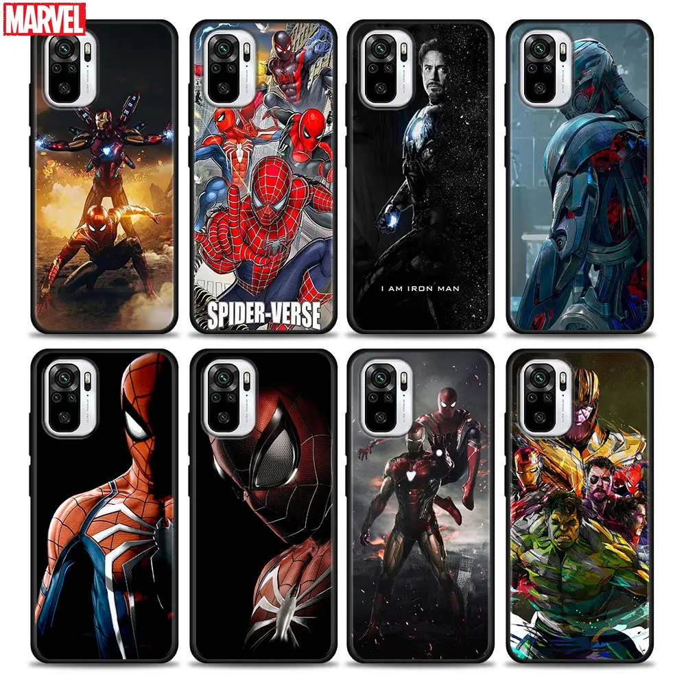 

Silicone Phone Case For Xiaomi Redmi Note 9 9T 10 10s 11 11s 8 7 Poco M3 M4 Pro Spiderman Iron Man Marvel Black Cover Cases
