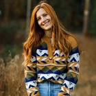 Многоцветный жаккардовый вязаный свитер для женщин, пуловер с длинным рукавом и круглым вырезом на пуговицах, топы, зимний женский винтажный Повседневный джемпер