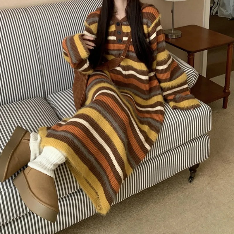 2024 зимние новые корейские вязаные женские платья Vestidos халат Elbise свободное