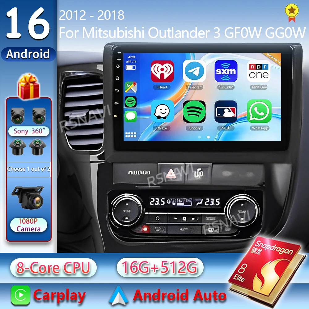 Фото Автомагнитола Android 16 CarPlay для Mitsubishi Outlander 3 GF0W GG0W 2012-2018: Мультимедийный видеоплеер с GPS и голосовым управлением AI №1
