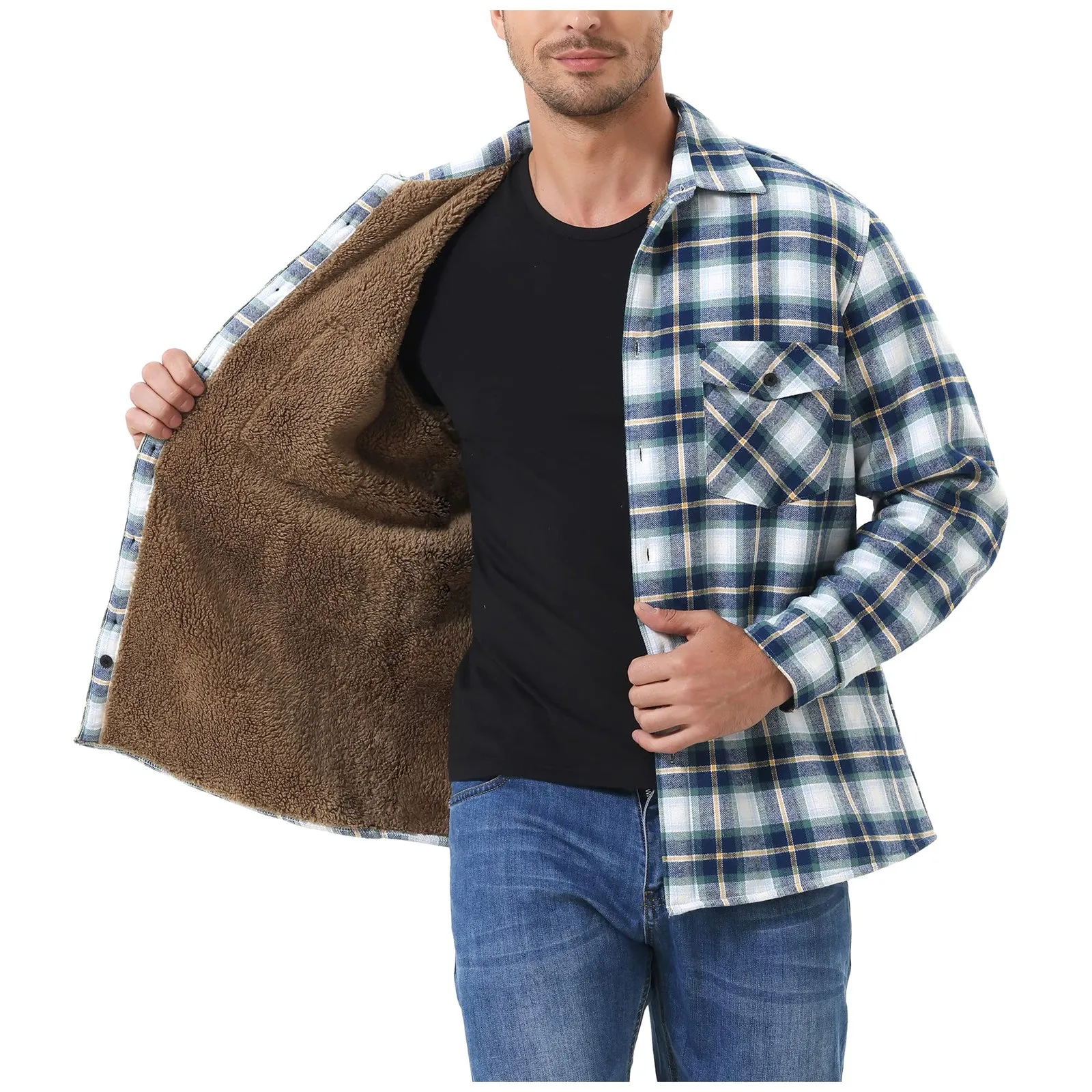

Осенне-зимнее плотное пальто, Мужская плюшевая теплая куртка, Повседневная Верхняя одежда с длинным рукавом, модная клетчатая куртка с лацканами, мужская одежда