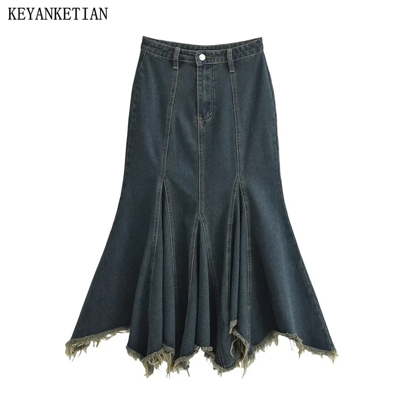 

Демисезонная джинсовая юбка KEYANKETIAN для женщин, асимметричная забавная юбка-годе на молнии в стиле ретро, юбка до щиколотки