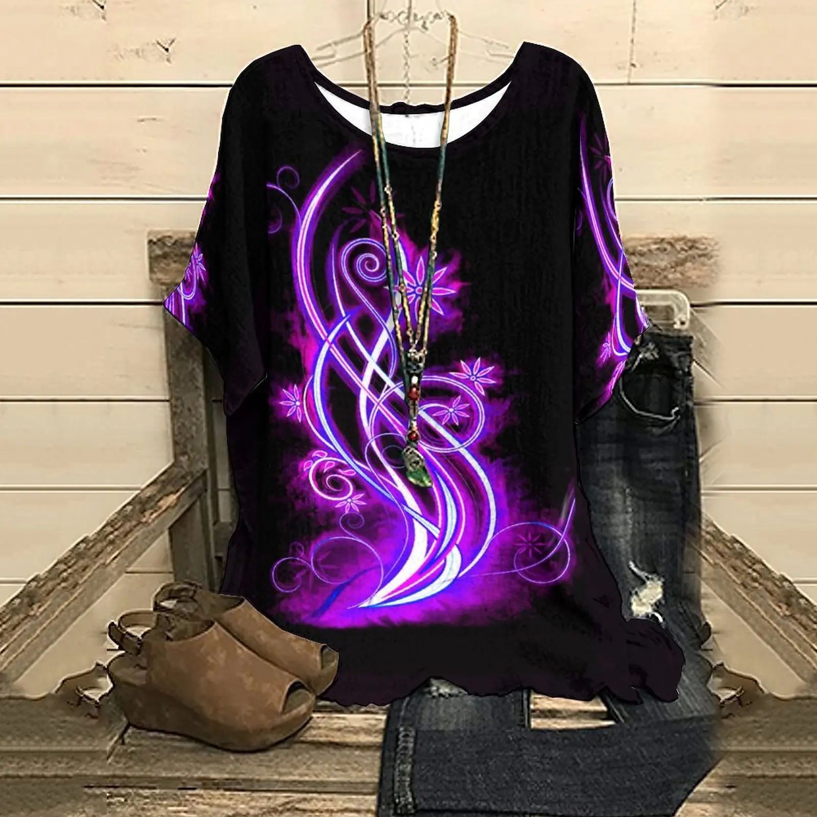 

Summer Women's Half Sleeve T-Shirt Glow Leaves Flowers Print Tops Daily Couples T-shirt Top Tee