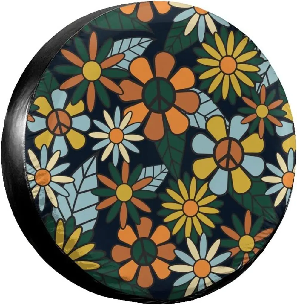 

Retro Hippie Flowers Pattern Spare Tire Cover Waterproof Dust-Proof UV Sun Wheel Tire Cover Fit