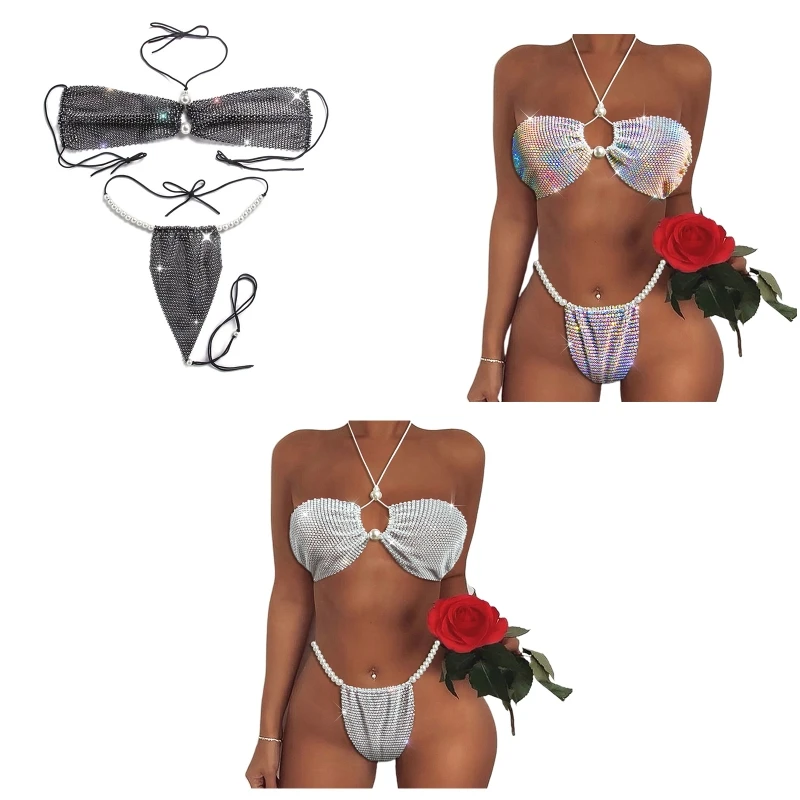 

H58D Stylish Shiny Bikini Set Adjustable Strap Halter Triangle Swimsuits for Girls 2X