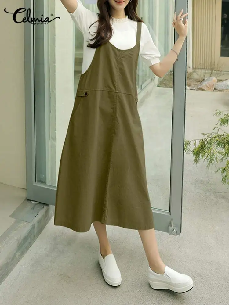 

All-match Apron Dress Women Solid Color Midi Sundress Celmia 2022 Autumn Fashion Pocket Long Overalls Holiday Suspender Skirt
