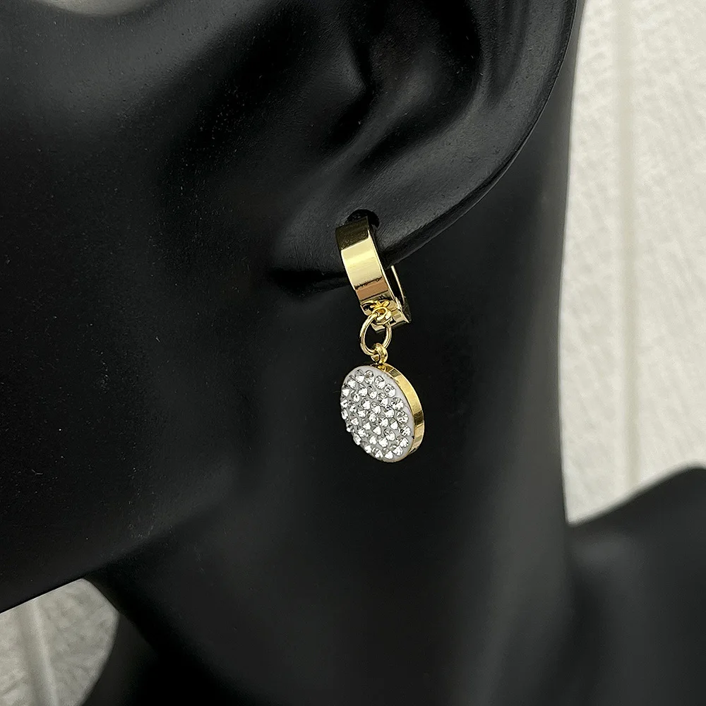 

Модные женские серьги для банкета, круглая подвеска из нержавеющей стали с инкрустацией бриллиантами, Женские Ювелирные изделия для ушей, роскошные украшения, оптовая продажа