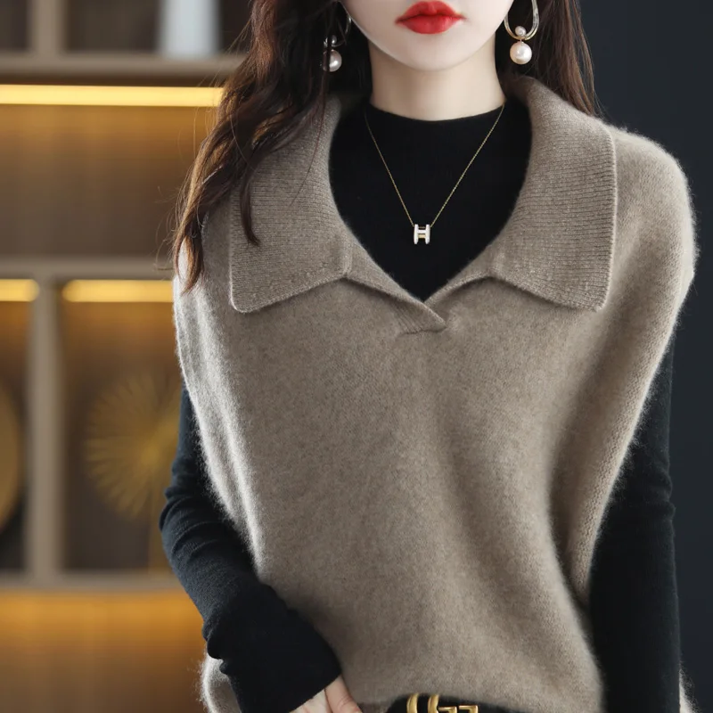 New Ladies Vest 100% Wool V-Neck Jacket Knit Sleeveless Sweater Solid Color Versatile Pullover Cashmere Vest Spring and Autumn