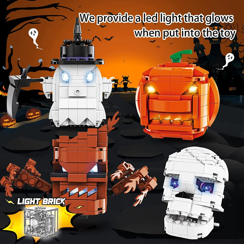 

Creative Halloween Pumpkin House Tree Monster Ghost with light Model Building Blocks Bricks Halloween Skull Head Toy Kids Gift