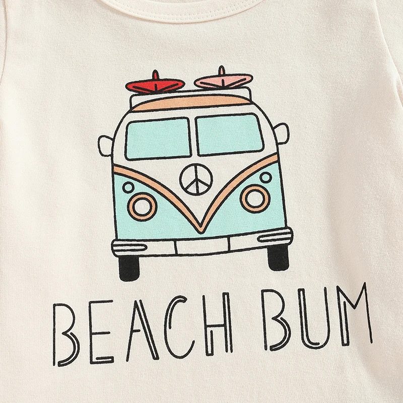 Toddler Baby Boy Beach Clothes Short Sleeve Bus Print T-Shirt Pocket Shorts Set