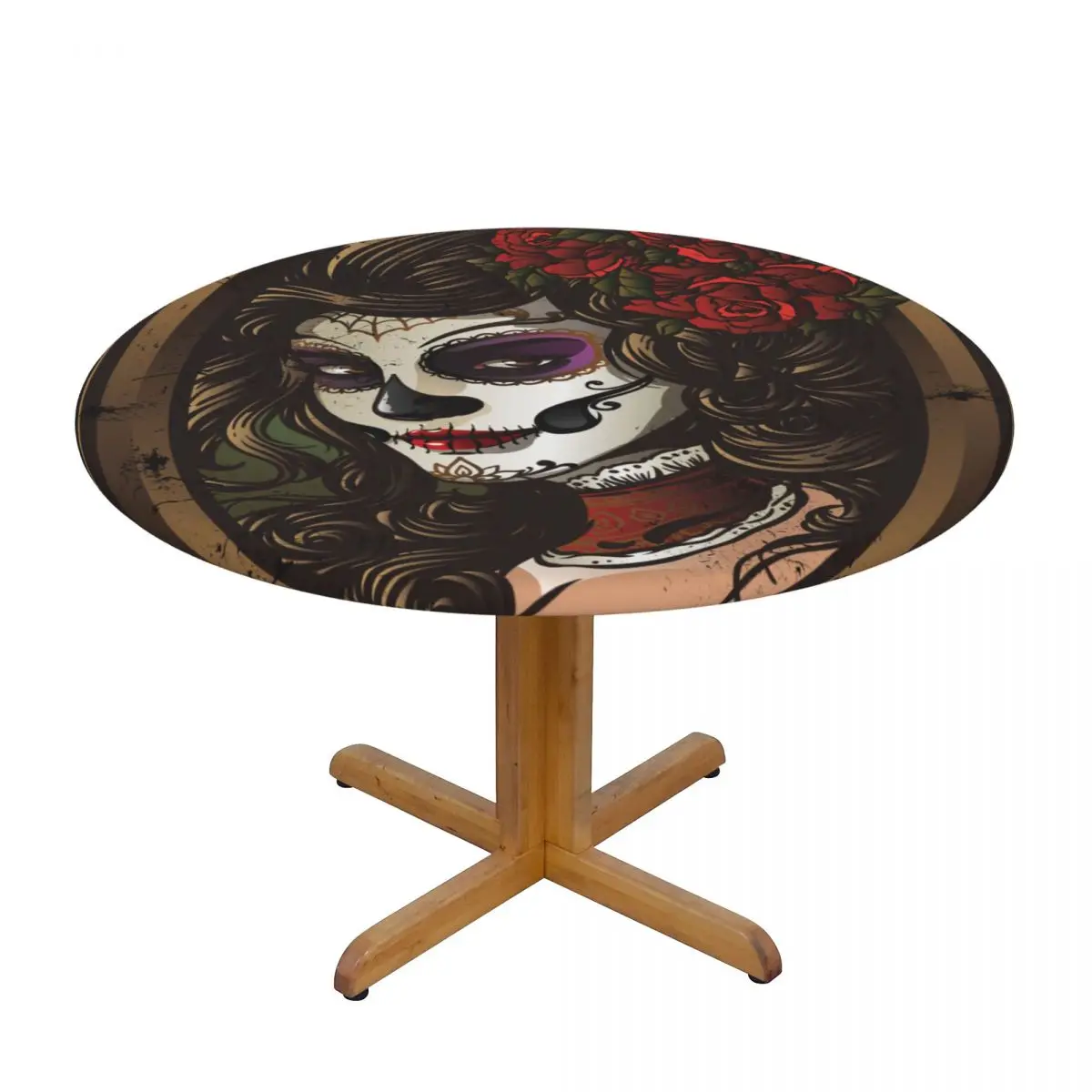 

Fitted Round Tablecloth Protector Soft Glass Table Cover Sugar Skull Girl Anti-Scald Plate Kitchen Home Tablemat