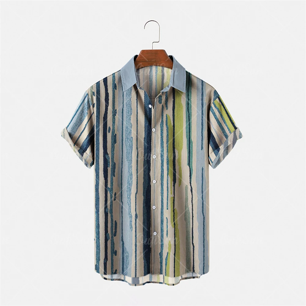 

Men's ethnic short-sleeved casual striped print Hawaiian shirt top couple loose version Hawaiian retro print